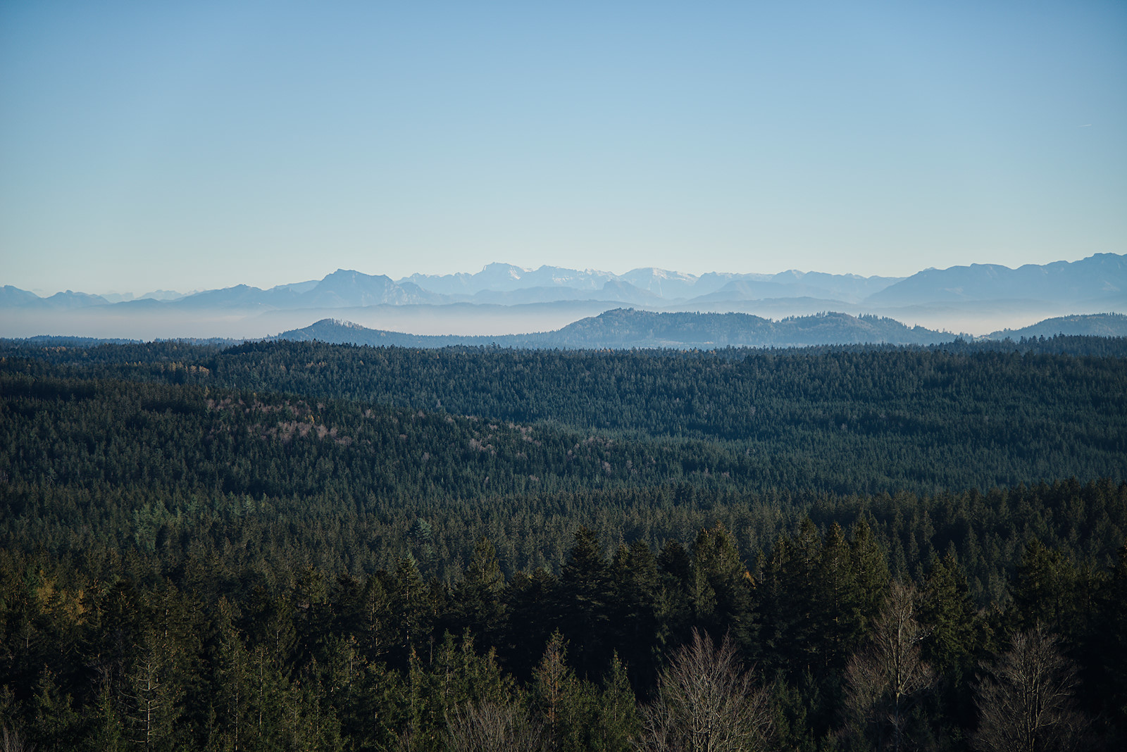 Blick von der Kobernaußerwarte nach Südosten, mit Traunstein und dem Toten Gebirge