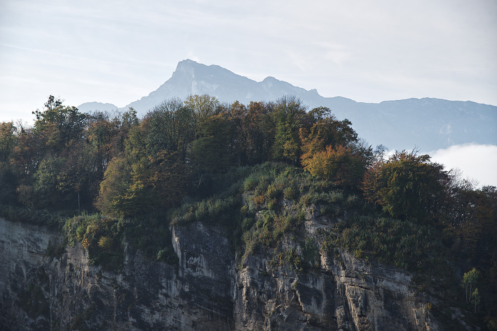 Zoom vom Panoramaweg auf den Gipfel des Rainbergs mit Untersberg im Hintergrund